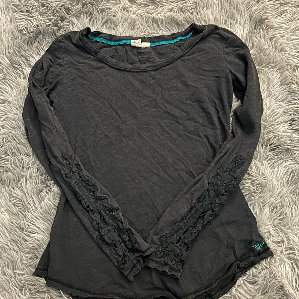 Roxy Black Long Sleeve Blouse with Lace Accents